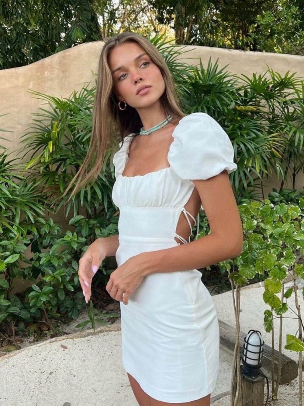Zara White Linen Blend Puff Sleeve Lace Up Open Back Mini Dress Size Medium